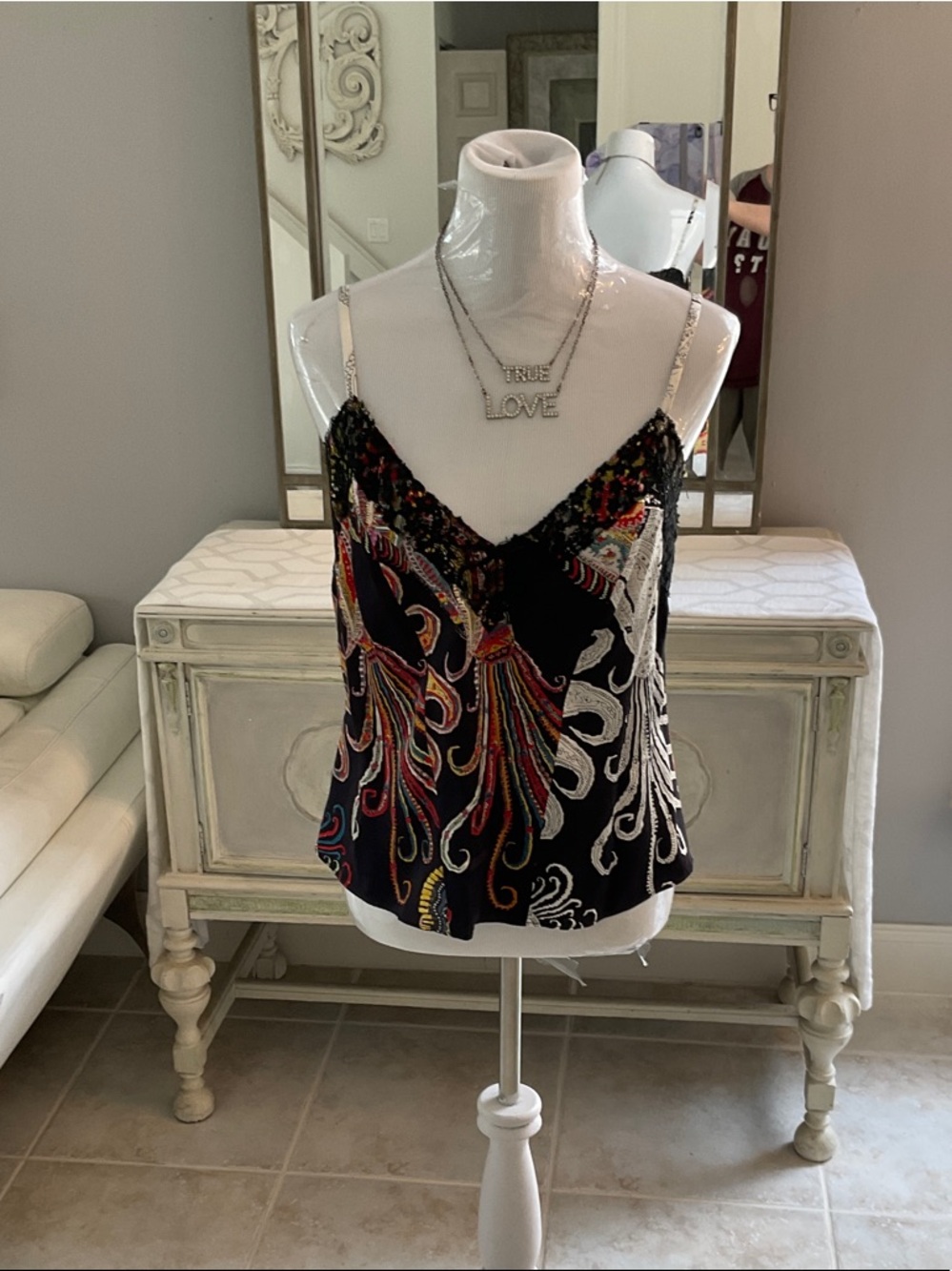 Christian Lacroix Black Multicolor Embroidered Lace-Trim Camisole Top, Size 12